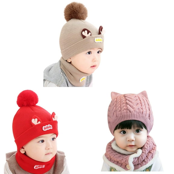 Coerni Baby Kids Boy Girl Pompom Hat Winter Warm Knit Bobble Beaniess Cartoon Cap Scarf Set Baby Hats 6-12 Months Winter