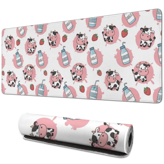 Long Mouse Pads for Desk,White Cow Milk Strawberry Pattern Desk Mats on Top Of Desks, Desk Mouse Pad Extra Large with 3mm Non-Slip Base and Stitched Edge for Gaming,Office,Work,Home 31.5"x11.8"