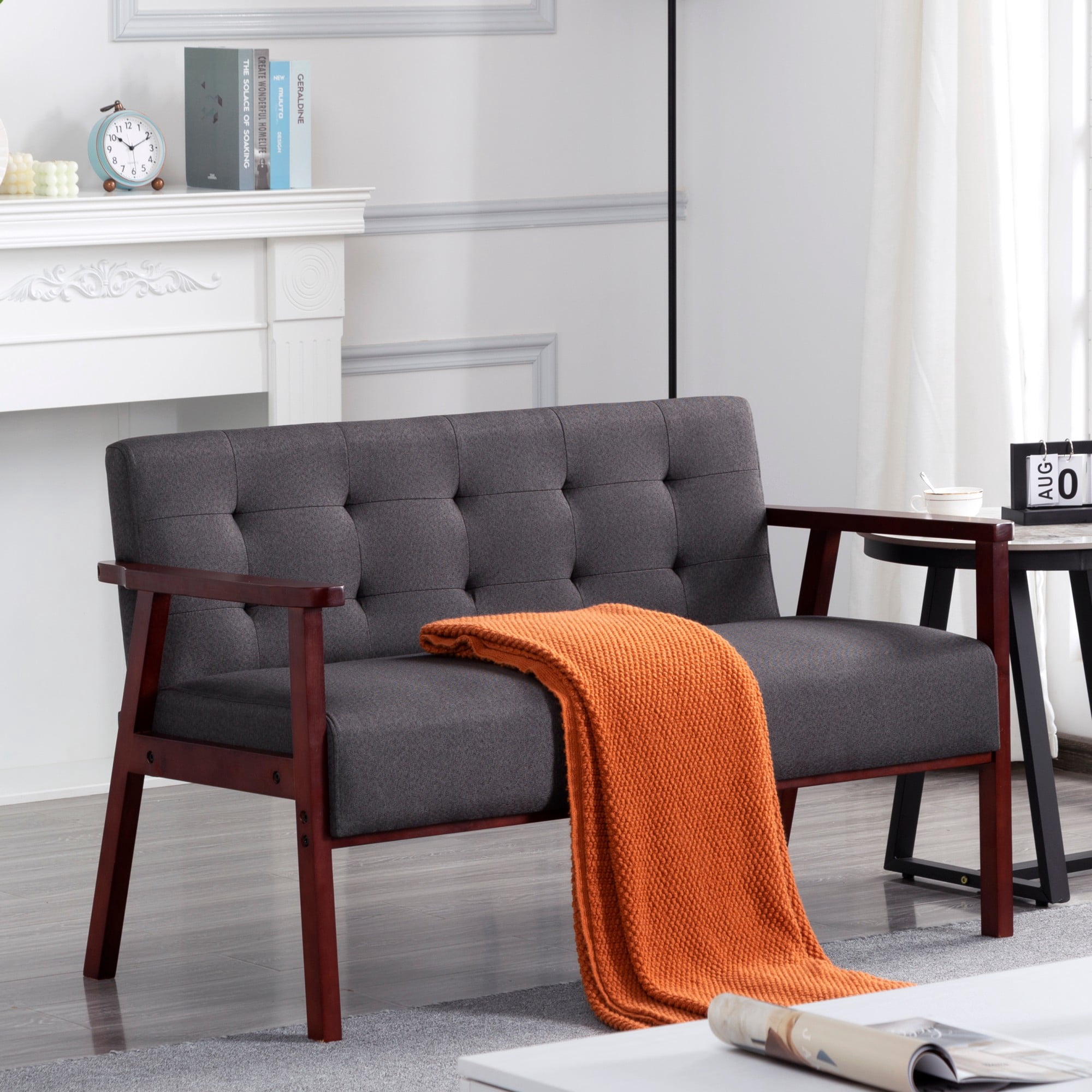 Gewnee Cedar Wood Loveseat, Dark Grey Linen Upholstery, Tufted Back, 300LBS per Seat, Non-Slip Pads, for Living Room, Home Office, Den