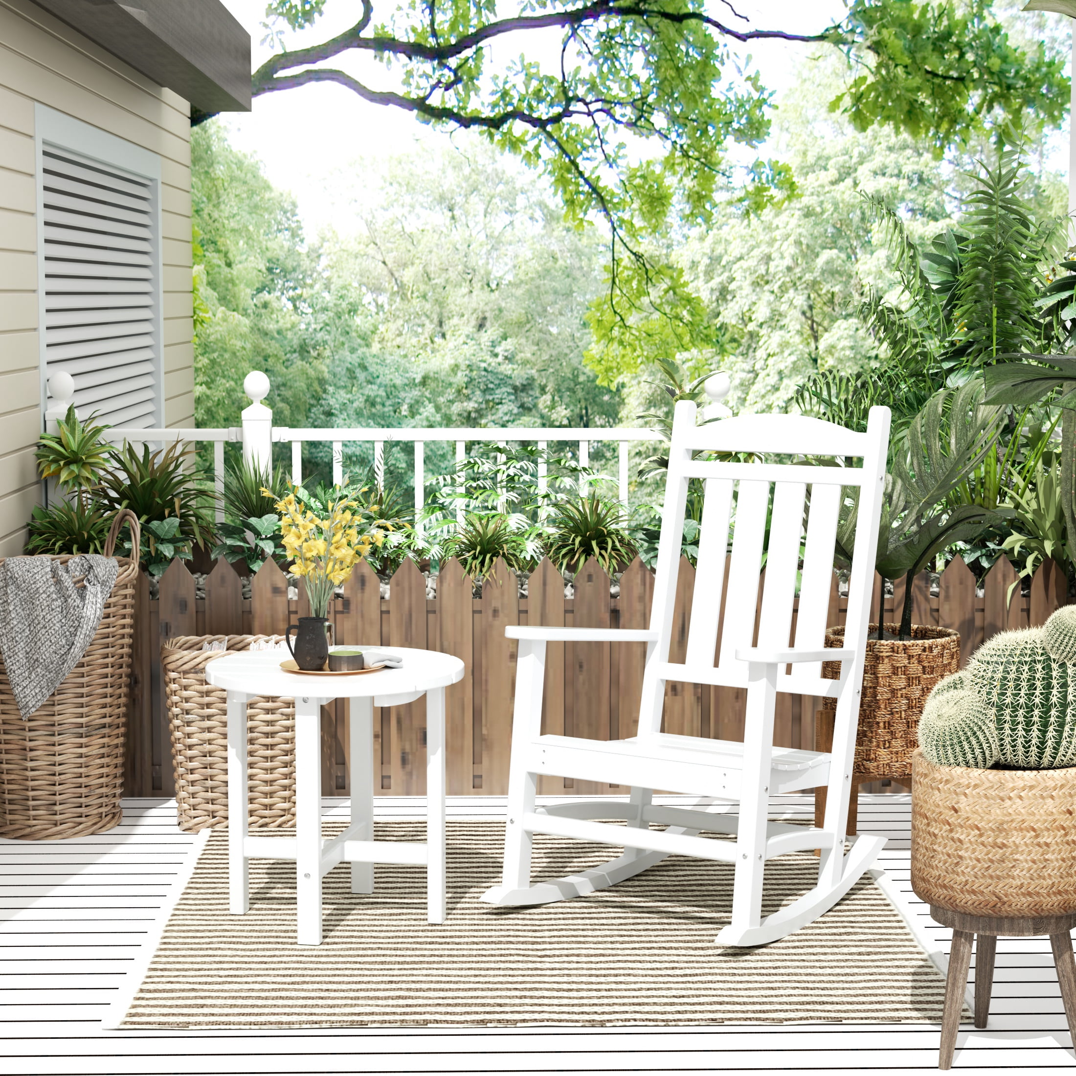 GARDEN 2-Piece Set Classic Plastic Porch Rocking Chair with Round Side Table Included, White