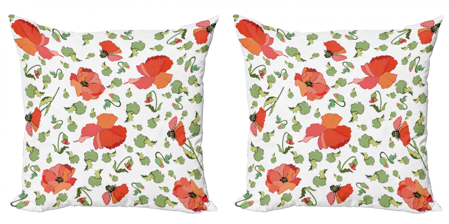 Poppy Throw Pillow Cushion Cover Pack of 2, Buds Stems and Flower Heads