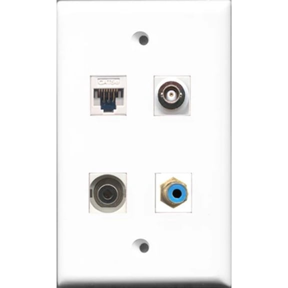 RiteAV - 1 Port RCA Blue and 1 Port 3.5mm and 1 Port BNC and 1 Port Cat5e Ethernet White Wall Plate