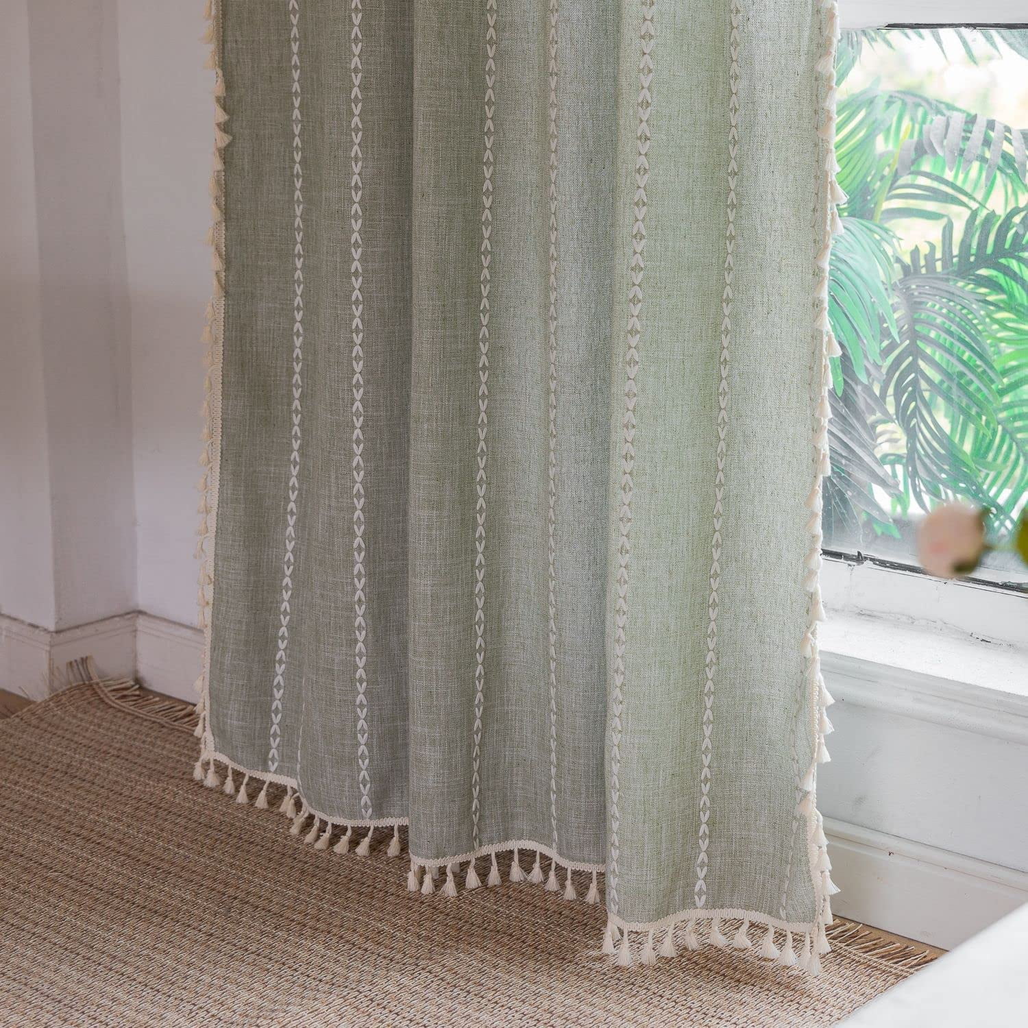 Psoiuetr Green Boho Curtains for Bedroom Living Room Linen Cotton Embroidered Semi Blackout Farmhouse Window Treatment Drape Vintage Tassels Rod Pocket 1 Panel 52" W x 63" L