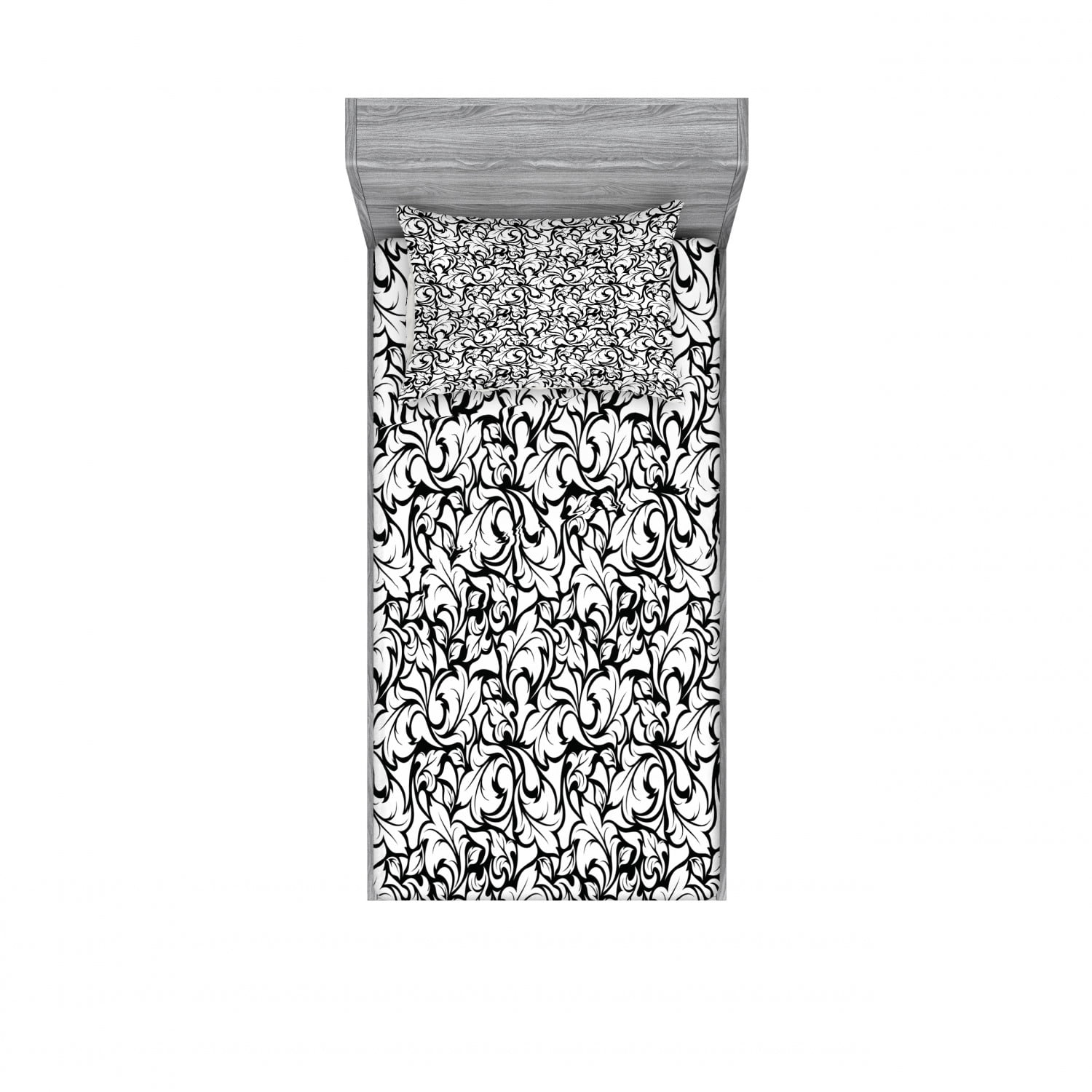 Floral Bedding Set with Sheet & Covers, Monochrome Leaves Abstract