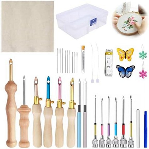 35Pcs Punch Needle Kit,Punch Tool Adjustable Embroidery Kits for Floss Stitching Beginner