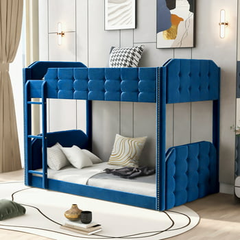 EUROCO Twin Upholstered Bunk Bed Button-Tufted for Bedroom