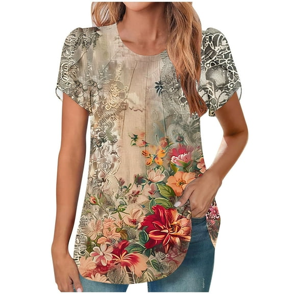 HAPIMO Women' Plus Size Summer Tops for Women Round Neck Tees Flowy Elegant Pleated Blouses Fashion Clothes Casual Loose Flower Print Tops Dressy Tunic Multicolor M