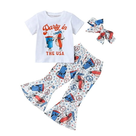

Blotona Toddle Girls 4th of July Pants Set 6M 12M 18M 24M 2T 3T Baby Girls Letters Print T-shirt with Sausage Drinks Print Flare Pants and Headband Summer Independence Day Clothes 6M-4T