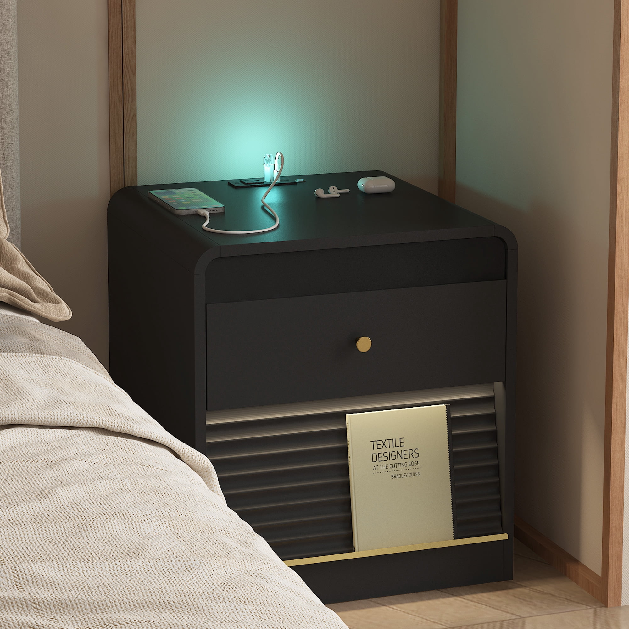 Aukfa Smart Nightstand with Charging Station, Side Table with Voice-Controlled 7-Color LED Light, Modern Bedside Table for Bedroom,Black