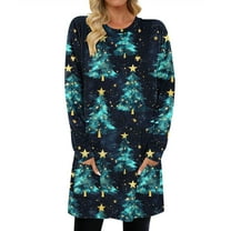 Christmas Outfit for Women Long Sleeve Loose Fit Tunic Tops with 2 Pockets Crewneck Xmas Printed T-shirts (S, Blue 02)