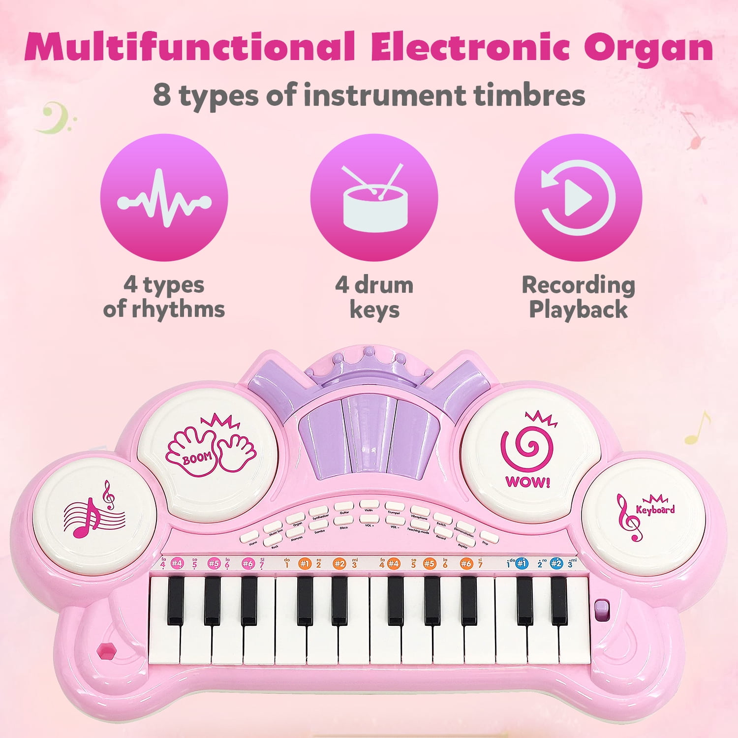 Beefunni Electronic Piano Keyboard, 24-Key  Piano Music Toy, Birthday Gift Girls, with Microphone, Stool - Pink
