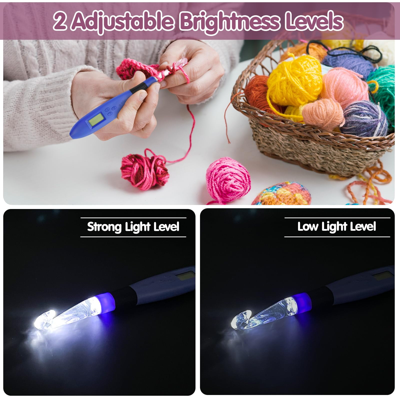 18-Size Lighted Crochet Hooks Set with Digital Counter, Rechargeable LED Crochet Hook Kit for Stitch & Row Counting, Ergonomic Crochet Hooks for Beginners & Experts (2.0mm-14.0mm)
