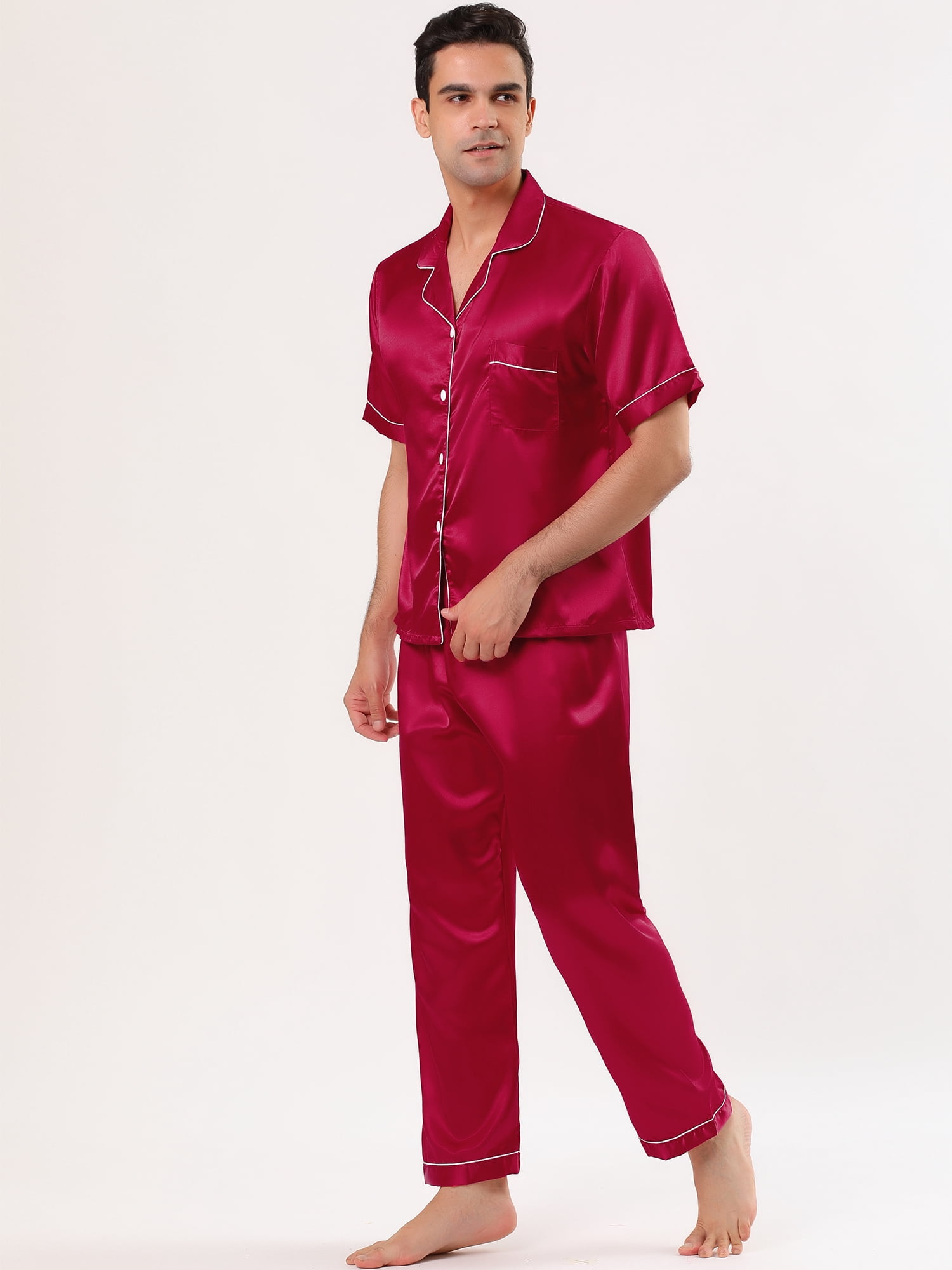 Unique Bargains Men's Button Down Satin Pajama Sets Short Sleeves Nightwear Small Burgundy