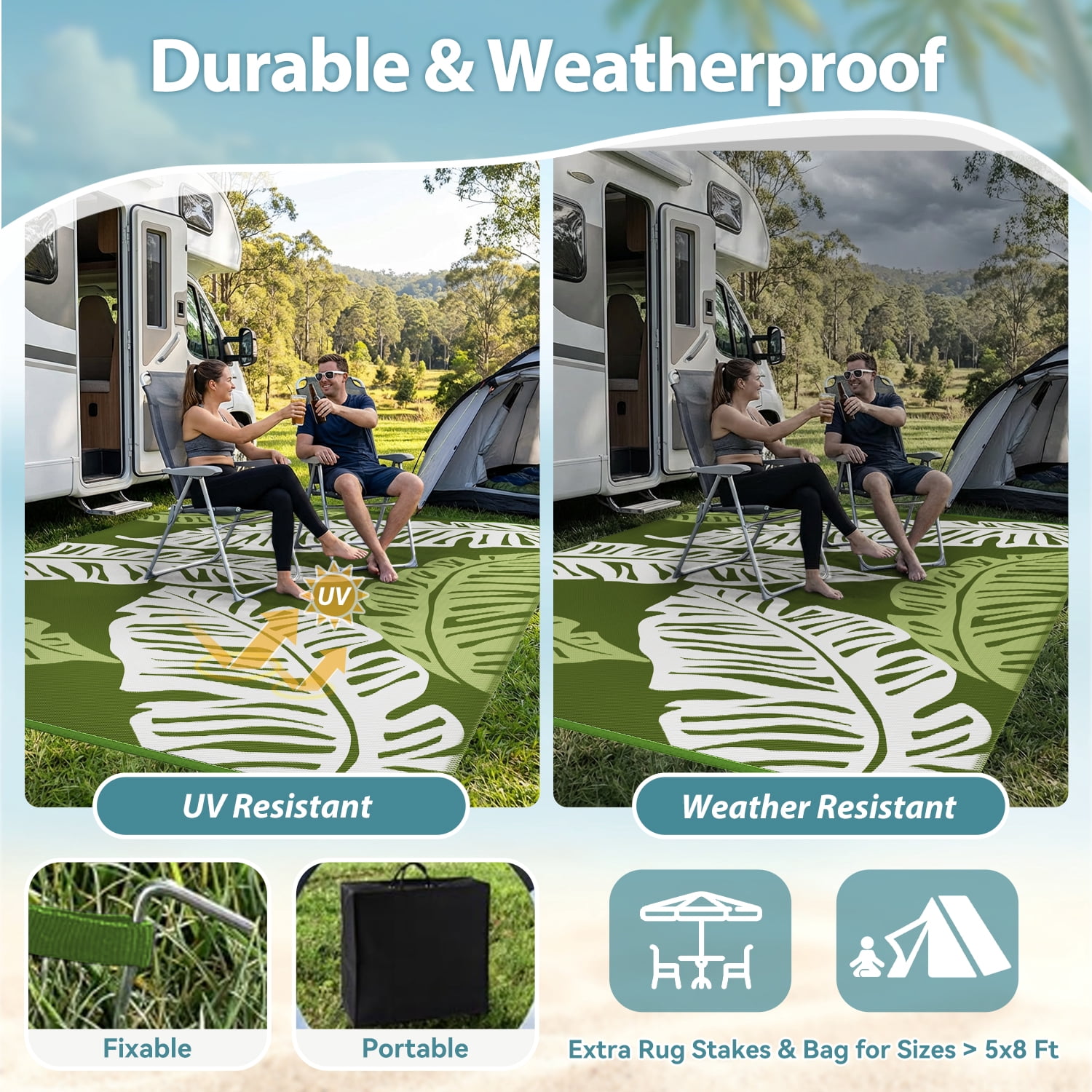 VUNATE Outdoor Rug Carpet 9'x12' Waterproof Reversible Patio Rug Portable Indoor Outdoor Rug Plastic Straw Rug for Beach RV Camping Garden Picnic Deck Backyard Tropical Porch Decor Green