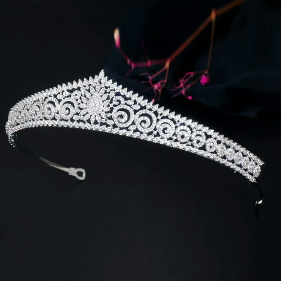 White Gold Plated Cubic Zirconia CZ Flower Crown Tiara Hair Jewelry Accessories