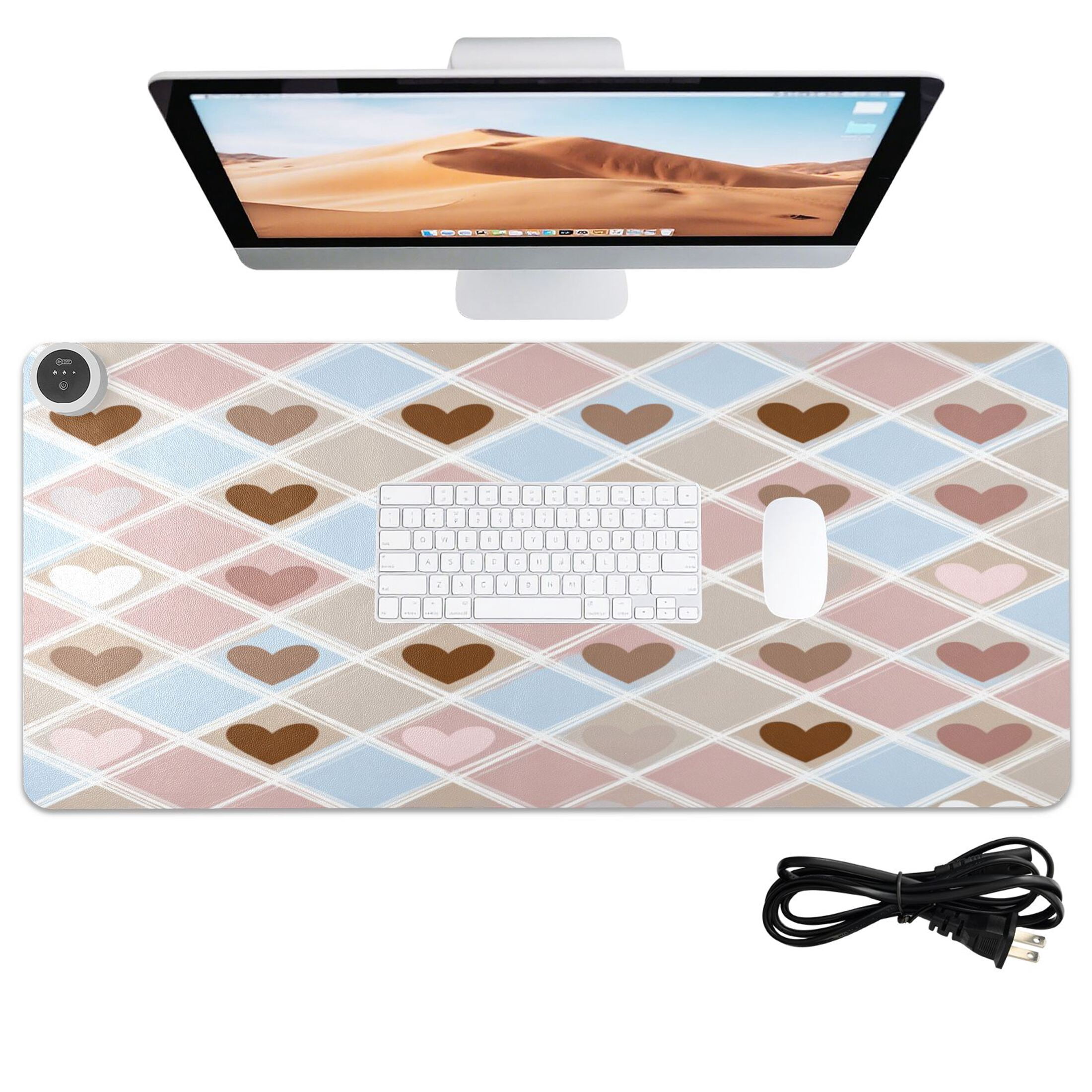 Large Heated Desk Mat Mouse Pad 31.5"x13"PU Leather Graphene Heating Desk Warmer with 3 Temperature Settings 110V US Plug Non-Slip Warm Pad for Home, Office, and Gaming Pastel Heart Argyle Pattern