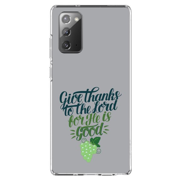 DistinctInk Clear Shockproof Hybrid Case for Samsung Galaxy Note 20 (6.7" Screen) - TPU Bumper, Acrylic Back, Tempered Glass Screen Protector - Give Thanks to the Lord For He Is Good - Grapes