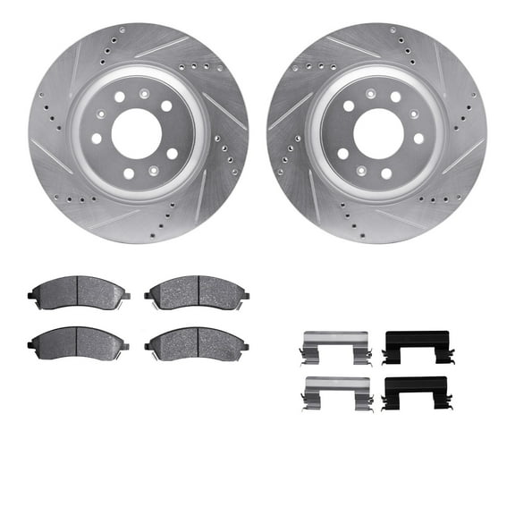 Dynamic Friction Company Front Brake Rotors-Drilled and Slotted-Silver with 5000 Euro Ceramic Brake Pads includes Hardware 7612-46006