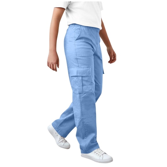 CQONEPT Teen Boy Girl Cargo Pant with Multi Pockets Twill Chino Uniform Pants Elastic Waist Outdoor Trousers for 4-15 Years Light Blue 160