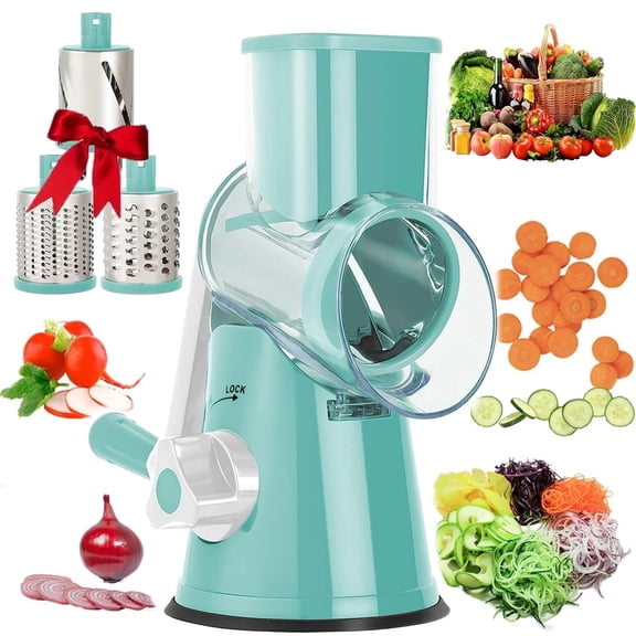 Spalivivre Cheese Shredder,Rotary Cheese Grater with Handle Vegetable,Suction Base，Slicer Grater for Kitchen,3 Changeable Blades for Vegetable Cheese Potato Zucchini Nuts Chocolate,Blue