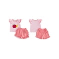 thumbnail image 2 of BemeyourBBs Toddler Baby Girl Back to School Outfit Kdis Baby Girls Kindergarten Outfits First Day of School Outfit Apple Pencil Embroidery Fly Sleeve T Shirt Tops and Plaid Shorts 2Pcs Set, 2 of 9