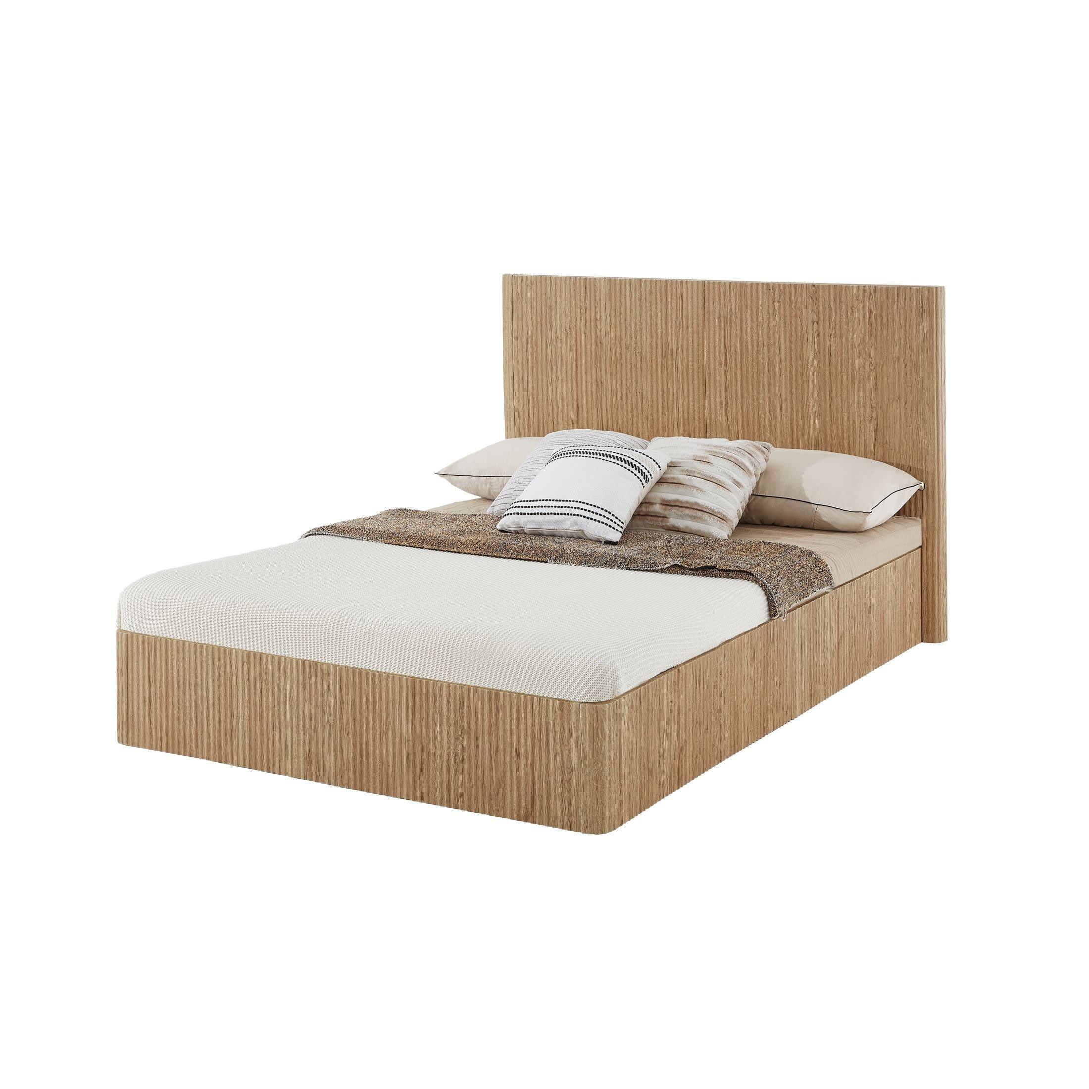 Noble House Modern Lift-Up Storage Bed Frame with Wooden Corrugated Curved Lines, Queen Size, Oak