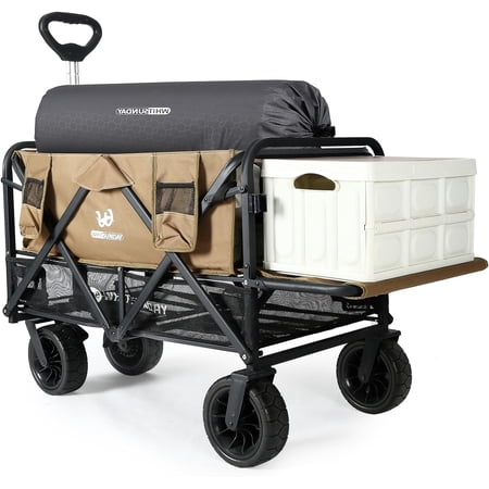 Collapsible Double Decker Wagon with Tailgate, Heavy Duty Foldable Wagon with All-Terrain Big Wheels, Beach Wagon for Camping, Sports, Shopping, Garden Brown