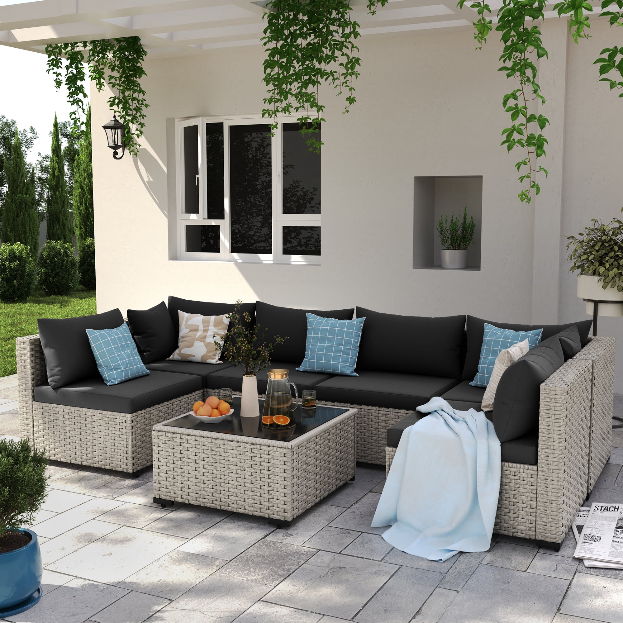 MRUAKA 7 Pieces Patio Conversation Set, Outdoor Sectional PE Rattan Wicker Furniture Seat,BLACK