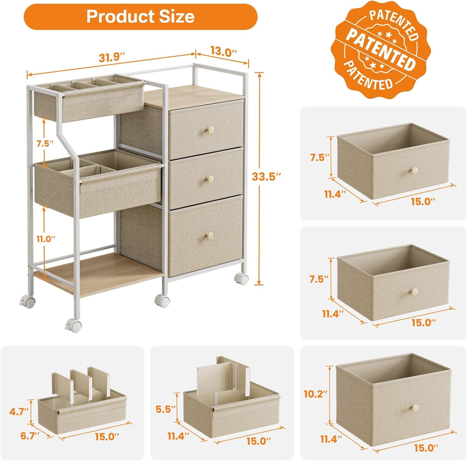 Baby Diaper Organizer and Storage Cart - 3 Tiers with Dividers and Drawers for Nursery, Bedroom, Changing Table and Crib