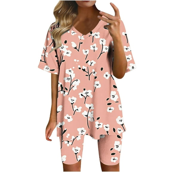 Idoravan Pajamas for Women Shorts and Short Sleeve Lounge Sets for Women Plus Size 2 Piece Sets Women Fashion Printed V-Neck Blouse Short Sleeve Shorts Casual Suit Sets