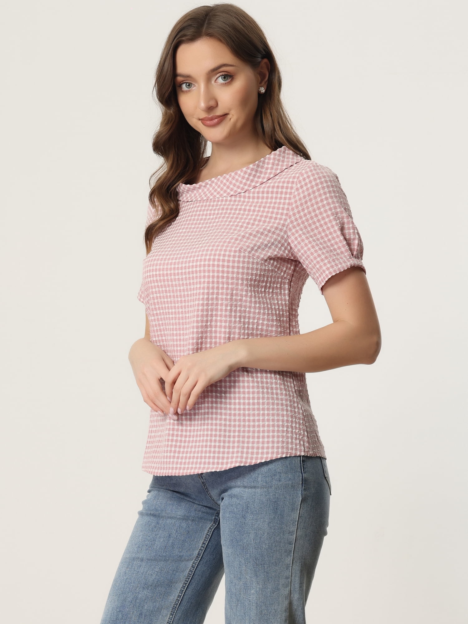 DARING DIVA Short Sleeve Casual Checked Top M Pink