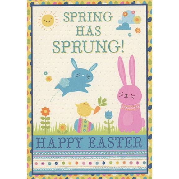 Designer Greetings Spring Has Sprung: Blue Bunny Hopping Over Easter Egg Juvenile Easter Card for Young Kid : Child
