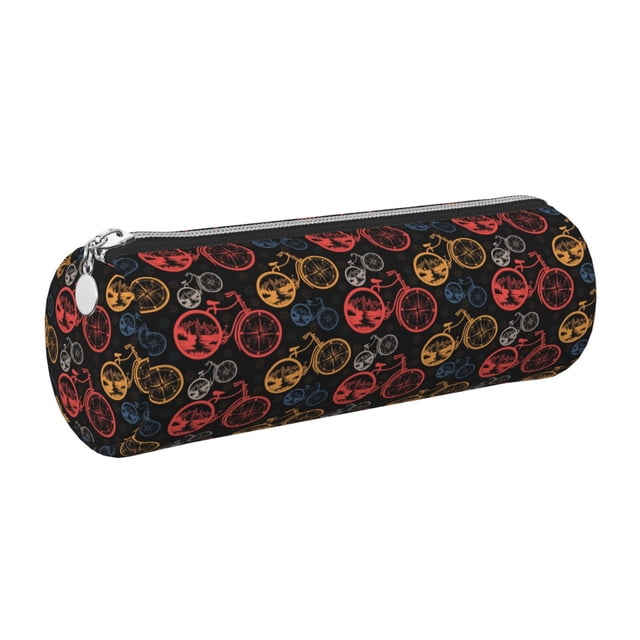 Easygdp Compass And Mountains In Bicycle Wheels1 para Estuche de Lápices Cilíndrico de Cuero con Cremallera, Organizador de Lápices de Cuero para Escuela, Oficina y Viajes