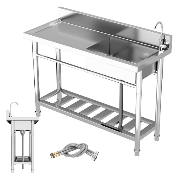 Tanfengu  47.3" Single Bowl Stainless Steel Sink, Freestanding Utility Sink with Faucet, 198lbs Load Workstation with Bottom Shelf, for Kitchen Laundry Restaurant