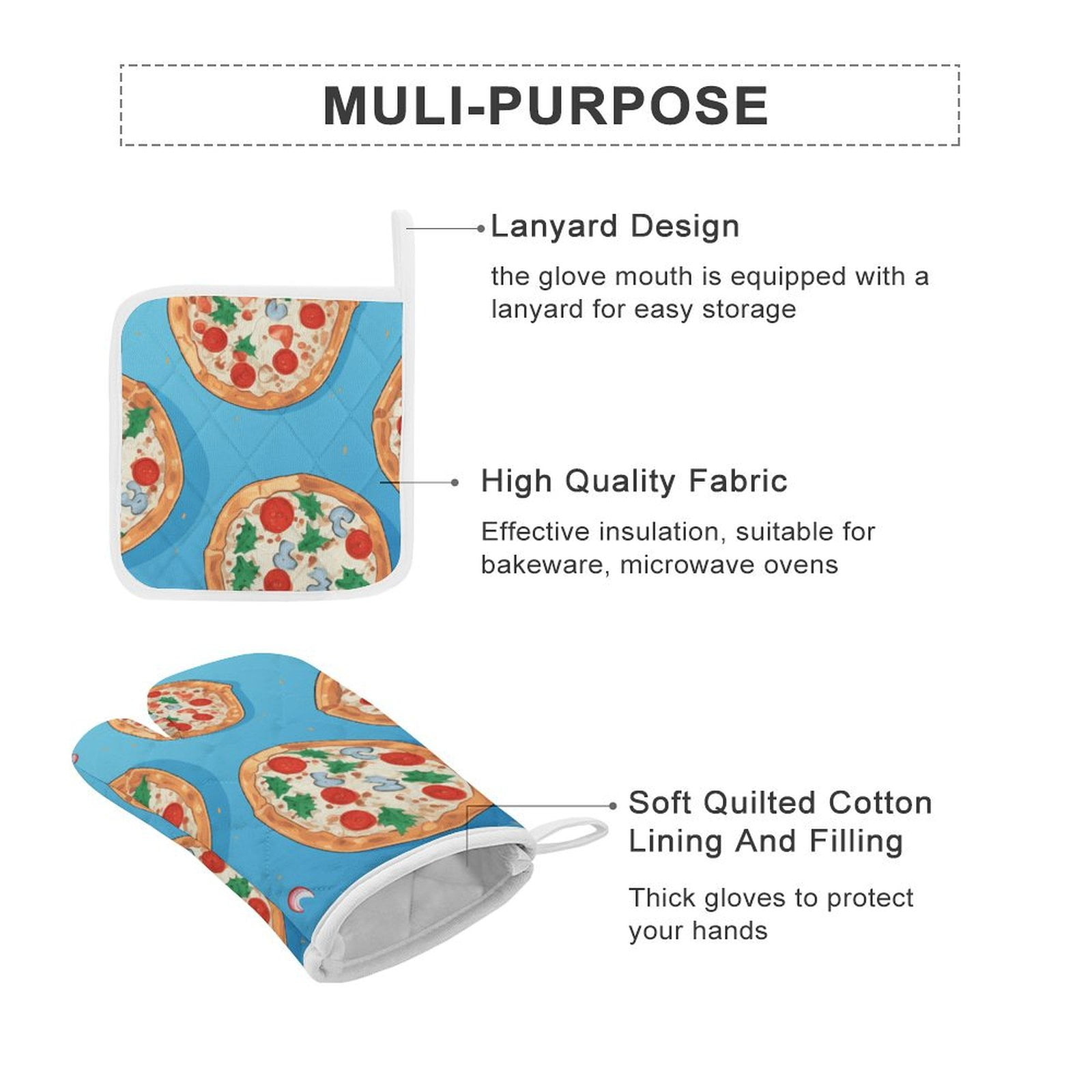 Fun Pizza Oven Mitt And Pot Holder Set Oven Glove for Kitchen Baking Cooking Grilling