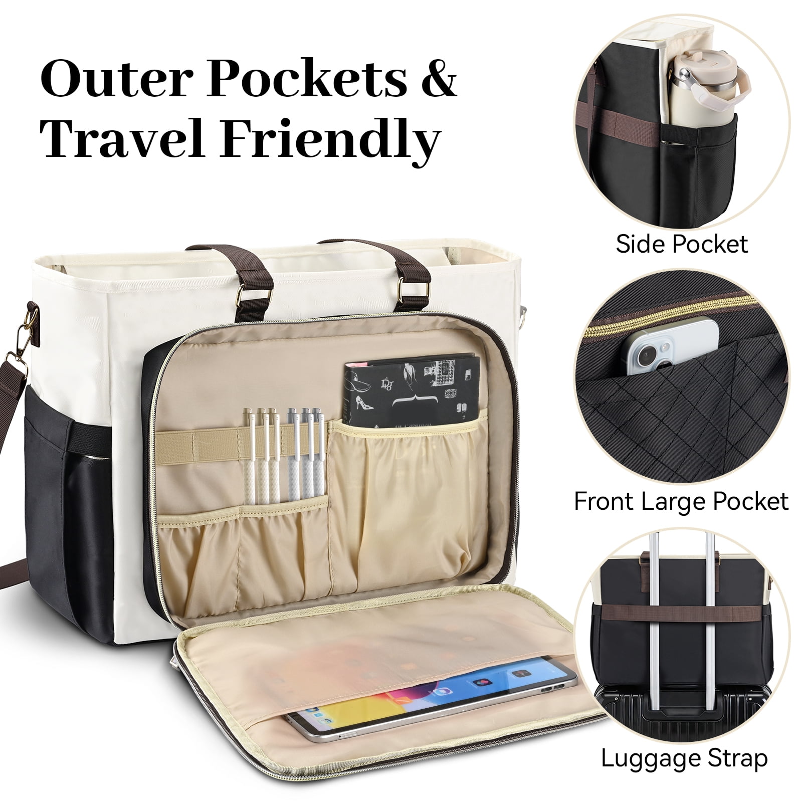 Teacher Tote Bag for Women - Multi-Pocket Laptop & Nurse Work Bag with Cup Holder, Structured Business Briefcase Computer Purse（Brown）