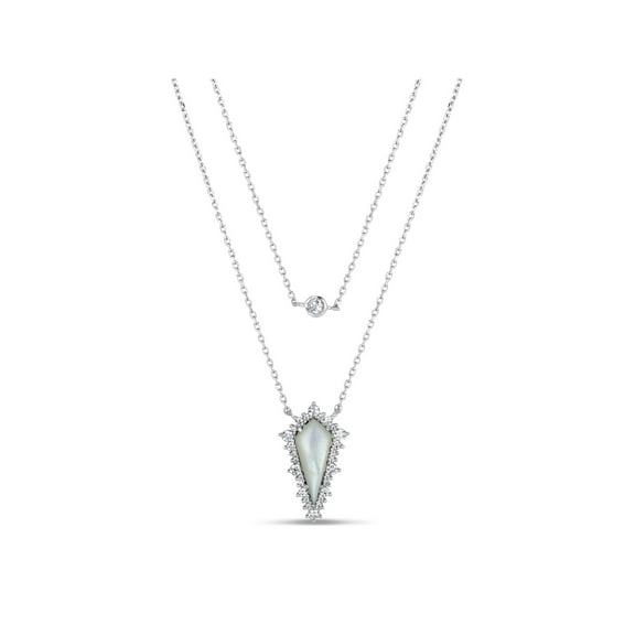 Mother Of Pearl and White Cubic Zirconia Sterling Silver Rhodium Plated Rhombus Triangle Layered Necklace, 18"