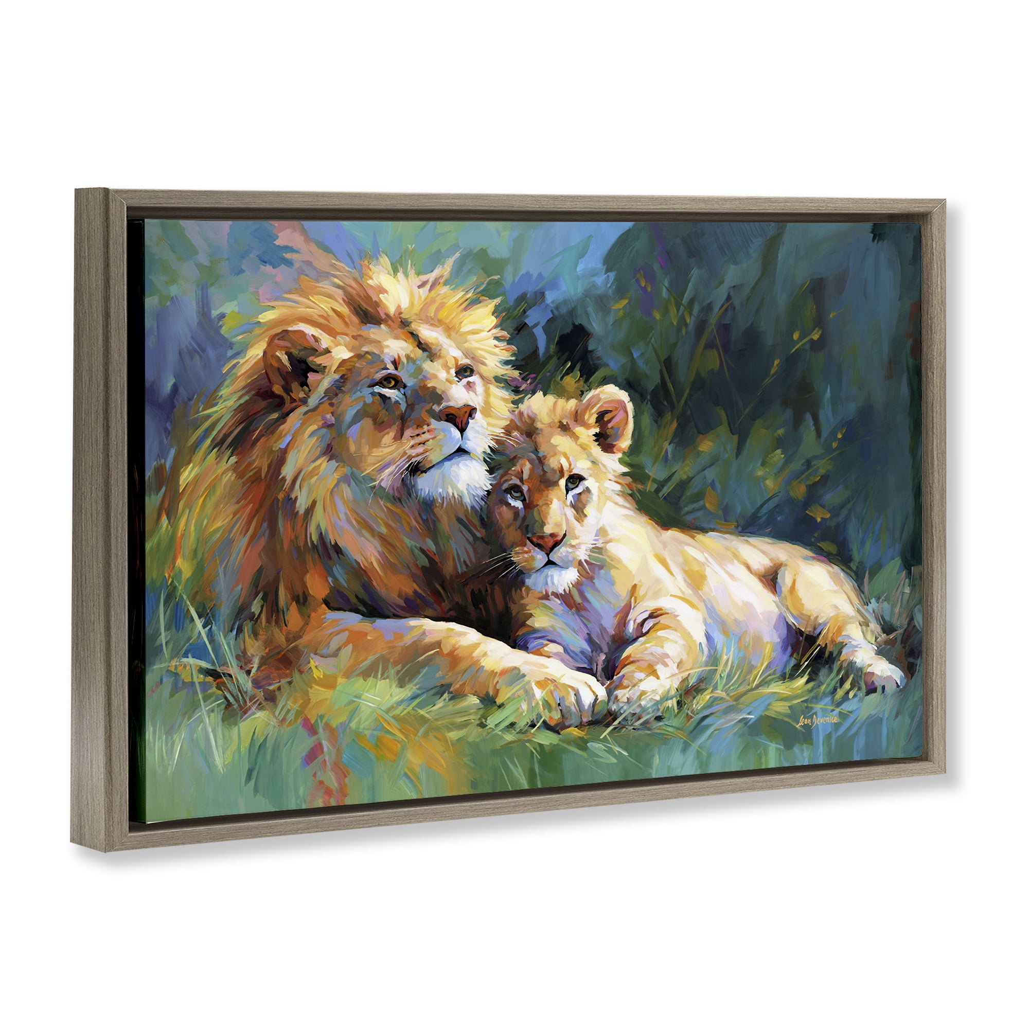 Stupell Industries Lion's Embrace Portrait Animals & Insects Painting Brown Floater Framed Canvas Art Print Wall Art, 31 x 21
