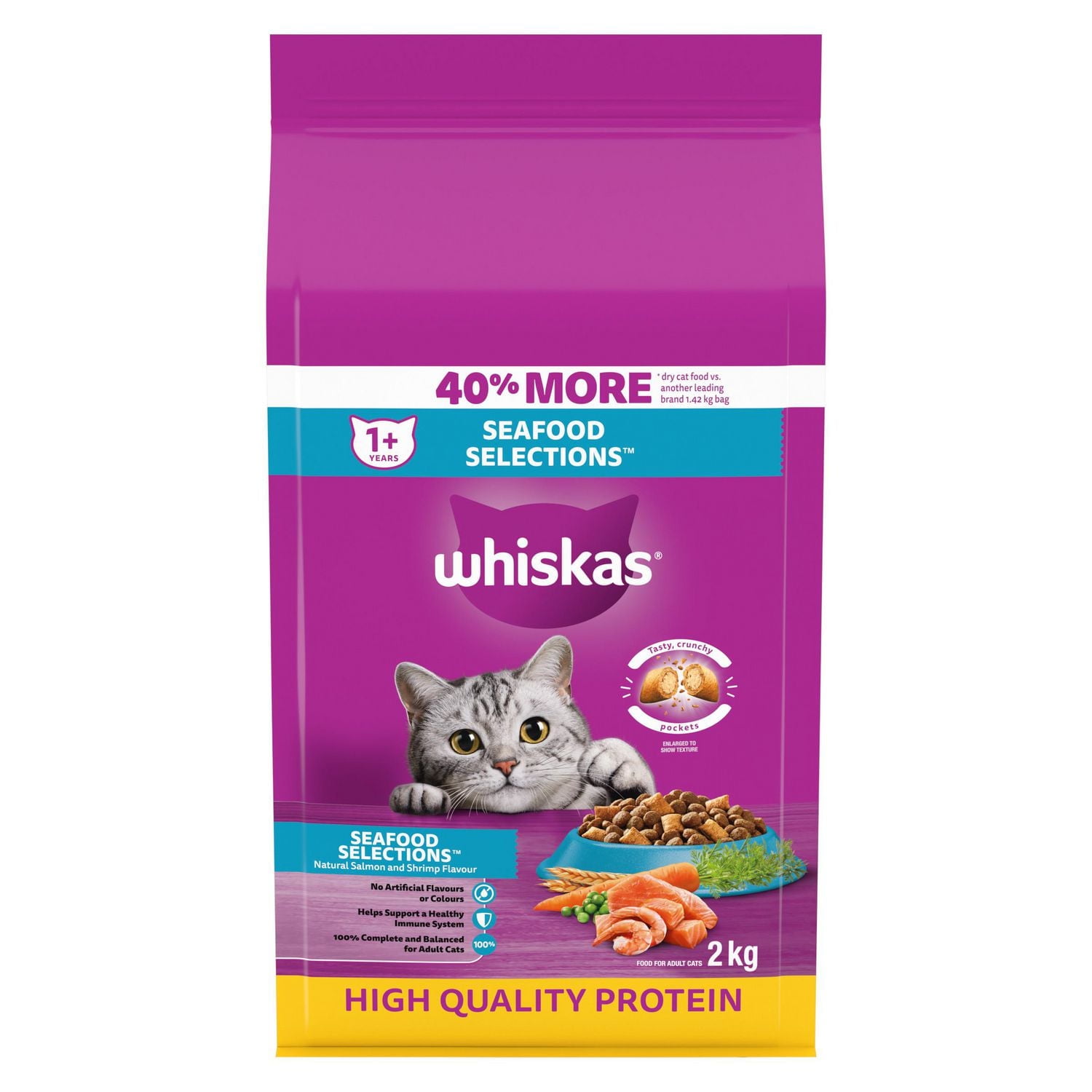 WHISKAS Adult Dry Cat Food Seafood Selections, Natural Salmon & Shrimp Flavour, 2 - 9.1kg