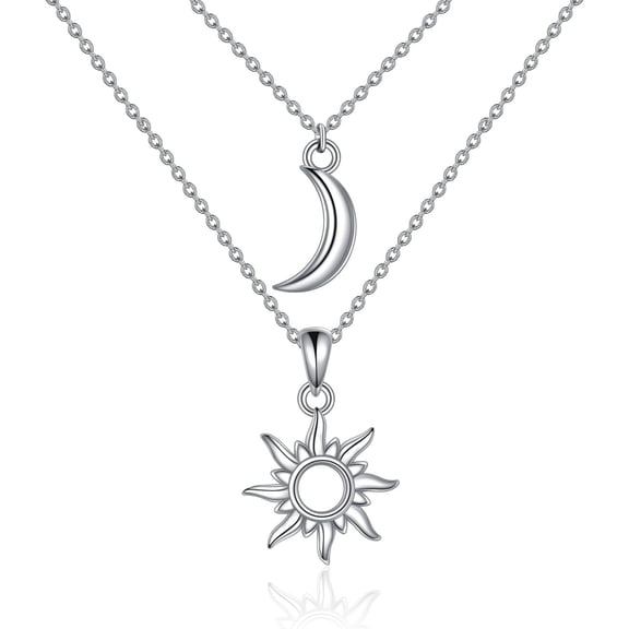 925 Sterling Silver Layered Sun and Moon Necklace - Jewelry Gifts for Women