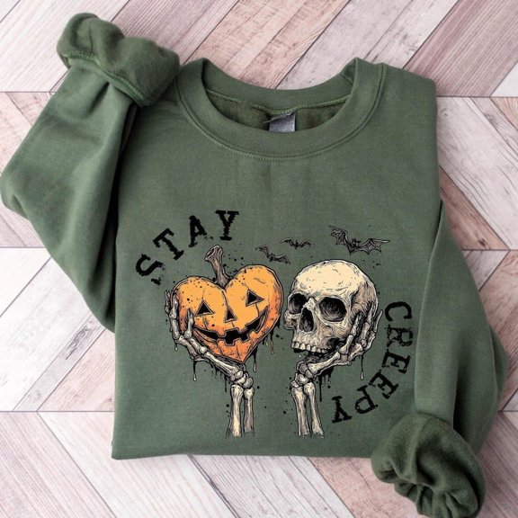 Stay Creepy Skeleton Hands Sweatshirt – Cute Halloween Pumpkin & Skull Graphic Crewneck, Spooky Season Outfit