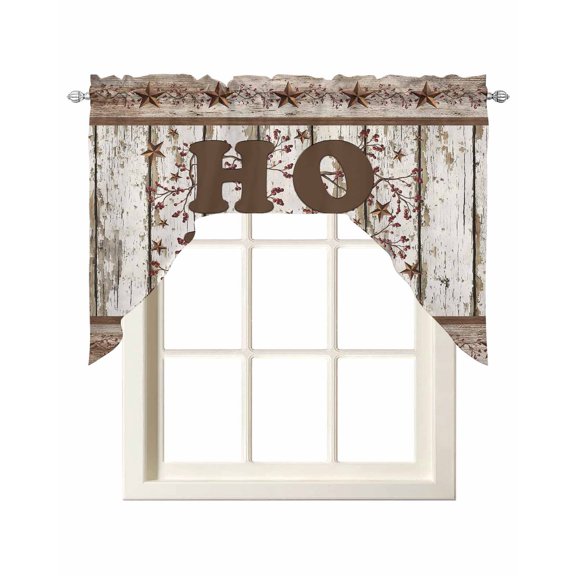 Retro Farmhouse Swag Valances for Windows, Small Curtains Drapes, Country Star Berries Text Wooden Grain Kitchen Window Curtains Over Sink Window Treatment Valance for Bedroom/Bathroom 56"x36"