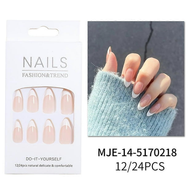 Uñas postizas semitransparentes con diseño de confeti, uñas cortas almendradas, kit reutilizable de 24 uñas con pegamento.