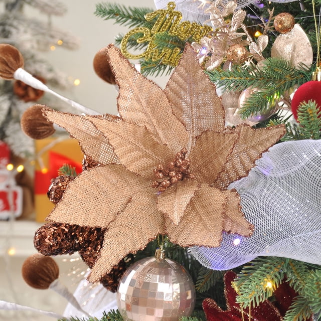Flores Artificiales De Plástico Ramo artificial de 3 flores de Nochebuena con purpurina de terciopelo navideño para árbol y decoración del hogar Rkxzt
