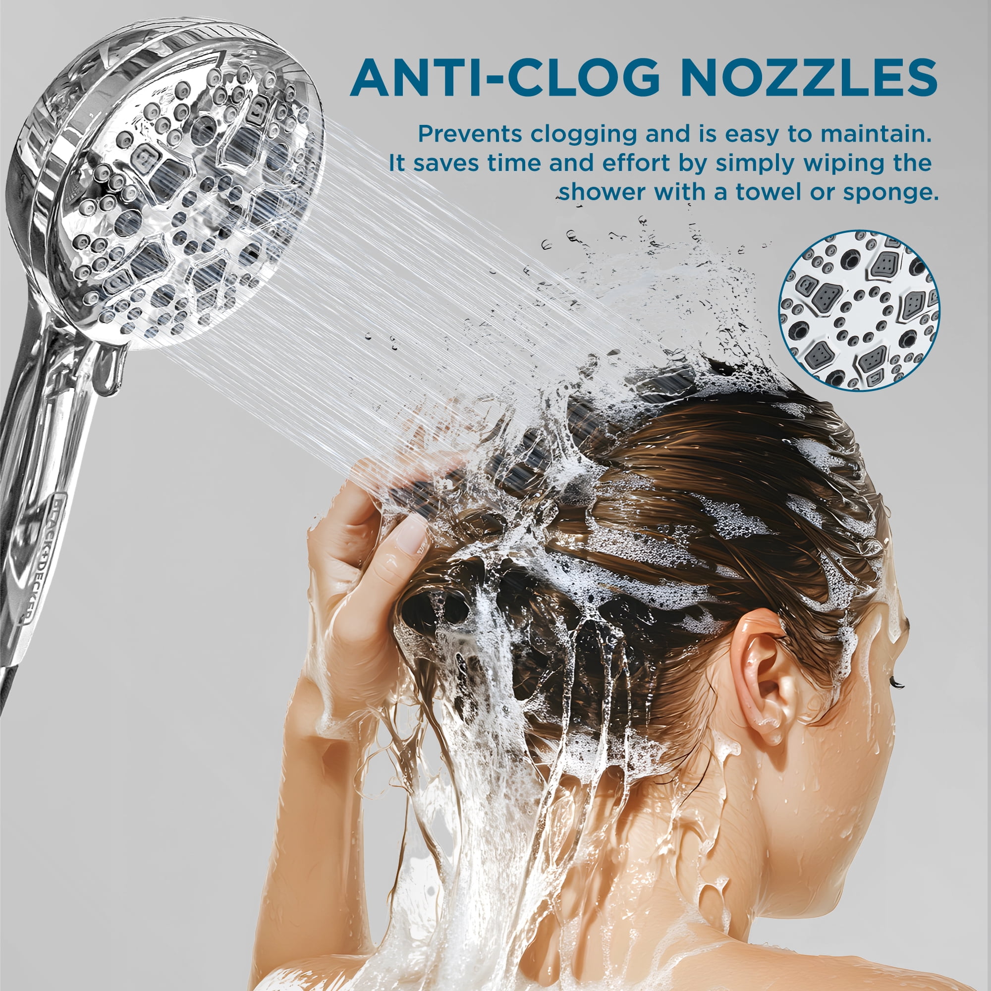 BLACK+DECKER High Pressure Handheld Shower Head with 9 Spray Settings and Stainless Steel Hose, Chrome