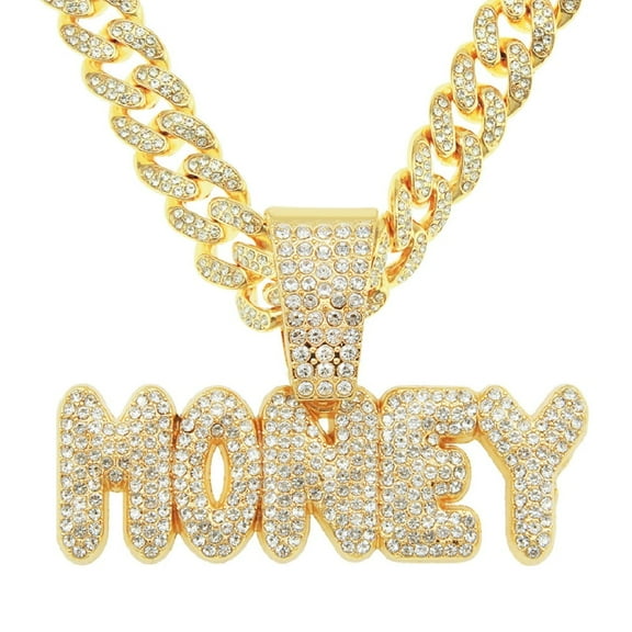 Fachoice Iced Out Rhinestone Money Pendant for Men Hip Hop Money Letter Cuban Necklace, Gold CZ Money Sign Cuban Chain Necklace Lucky Money Cuban Necklace Men’s Rapper Money Letter Jewelry