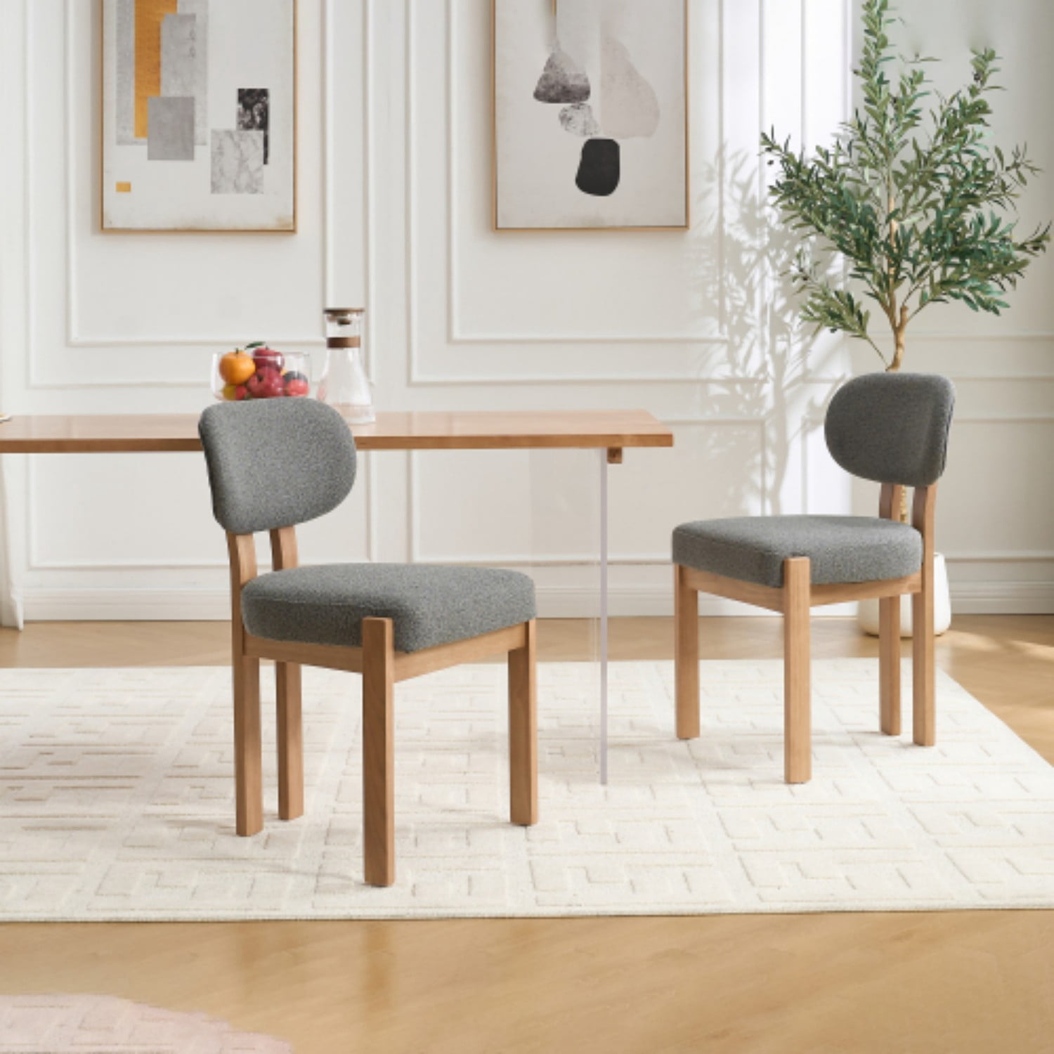 Dining Chairs Set of 2, Chenille Upholstered Wood Kitchen Chairs, 3.95" Thick Foam Cushion Wingback Dining Room Chairs, Grey
