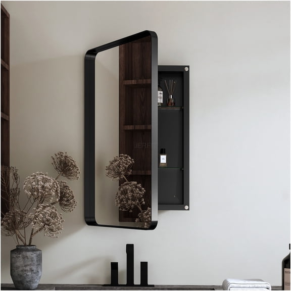 JERFIT 20x30 Inch Recessed Medicine Cabinet with Mirror, Matte Black Metal Frame, Adjustable Shelves, Wall Mount Bathroom Storage Mirror