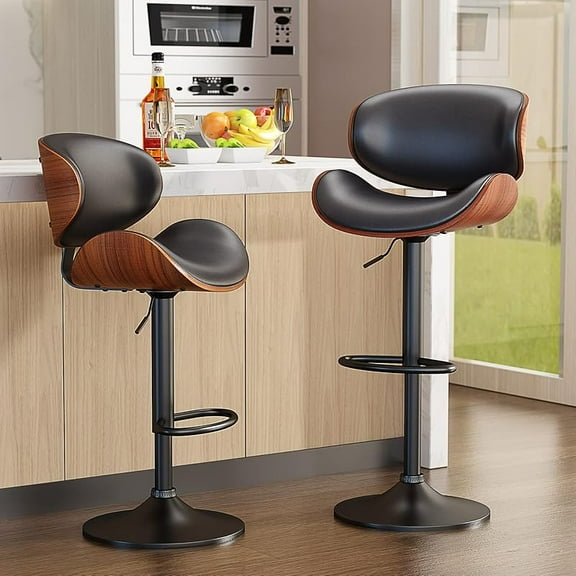 Swivel Bar Stools for Kitchen Counter, Adjustable Bentwood Barstools, Modern PU Leather Upholstered Bar Stool with Back and Footrest, for Bar, Kitchen, Dining Room