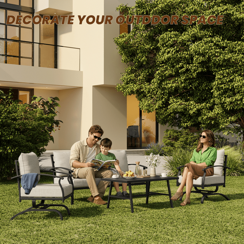 ALAULM 4 Piece Patio Furniture Set,Outdoor Metal Patio Furniture with Coffee Table & Rocking Chairs Conversation Set for Porch,Backyard,Poolside, Garden-Sand